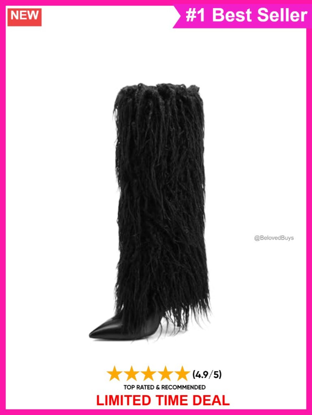 Knee High Mongolian Faux Fur Boots Pointed Toe Stiletto Heel